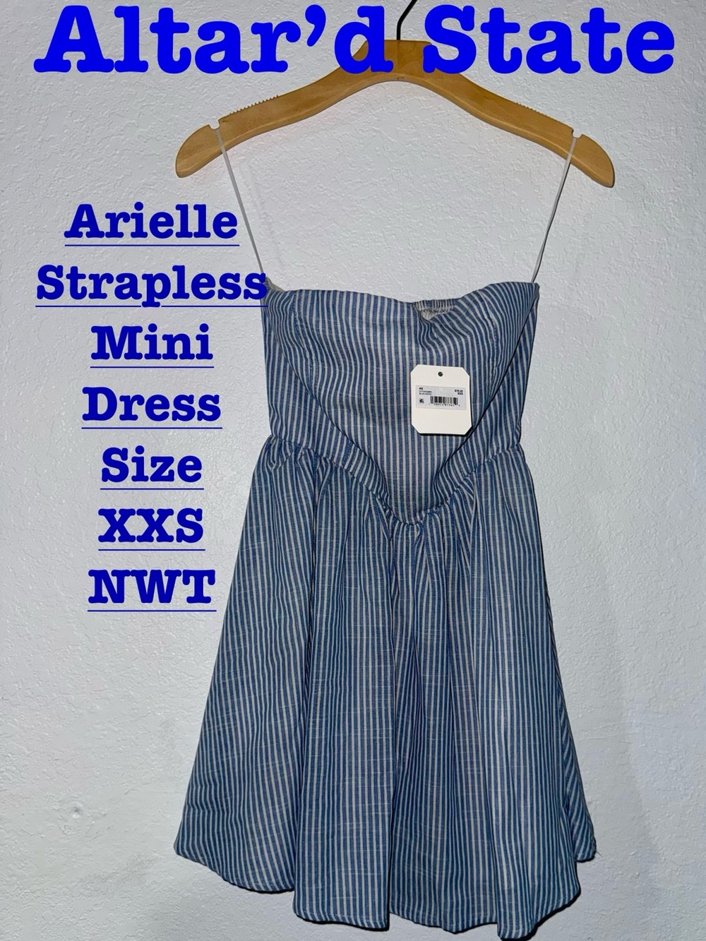 Altar'd State Arielle Blue and White Striped Strapless Mini Dress size XXS NWT